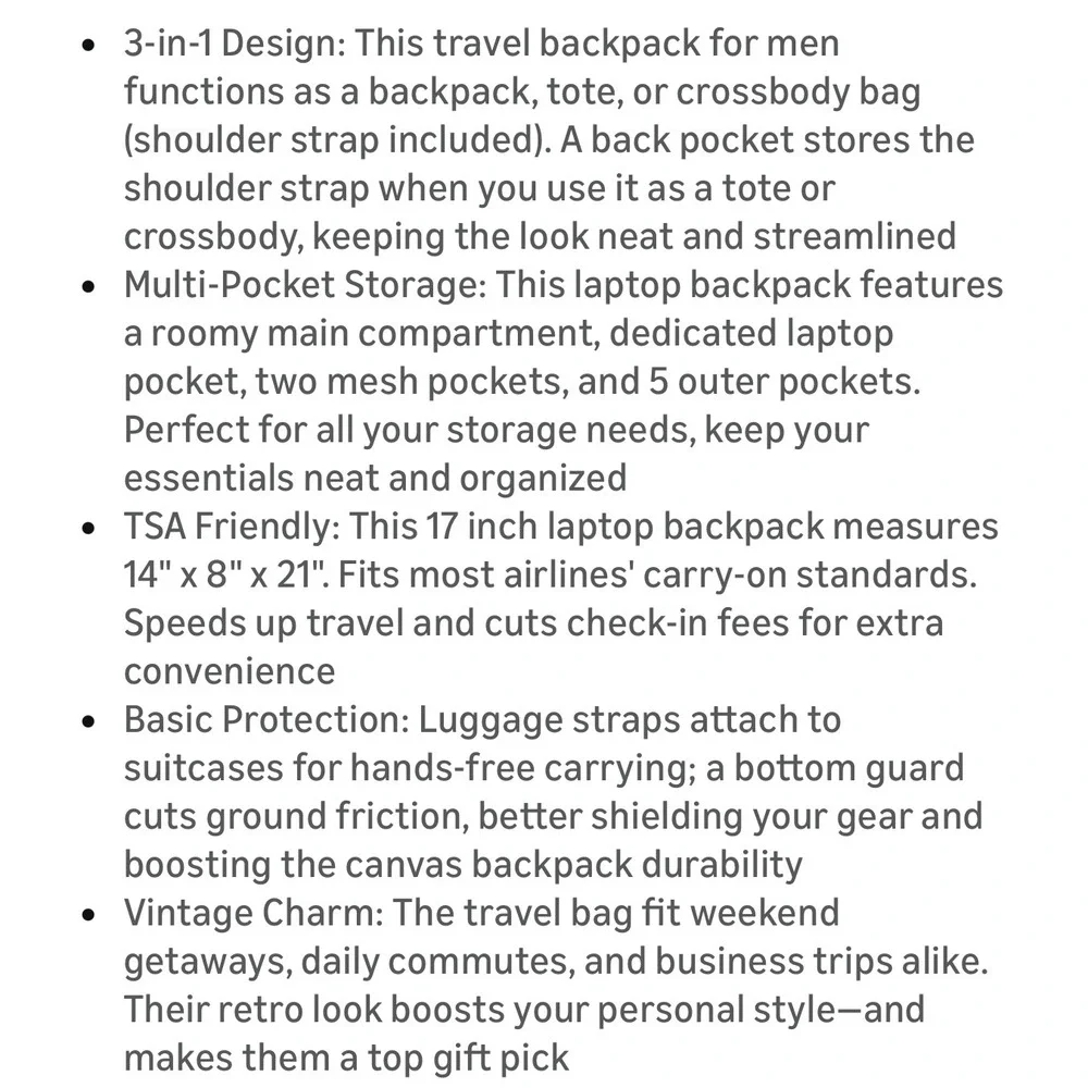 Leke‎ 3-in-1 Convertible Travel Backpack Khaki Canvas 17.3 Laptop Bag 21x14x8